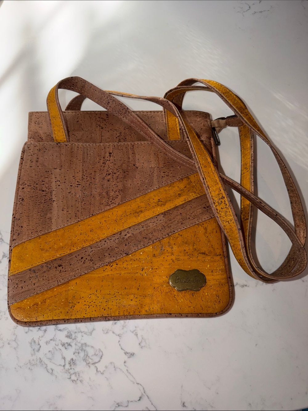BriLi Joi Cork Crossbody Bag in Brown & Mustard